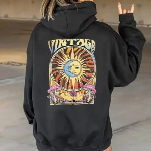 Sweat à Capuche Mode Femme avec Motif Soleil, Lune & Étoiles - Pull en Tricot de Polyester Confortable avec Poche Kangourou, Lavable en Machine