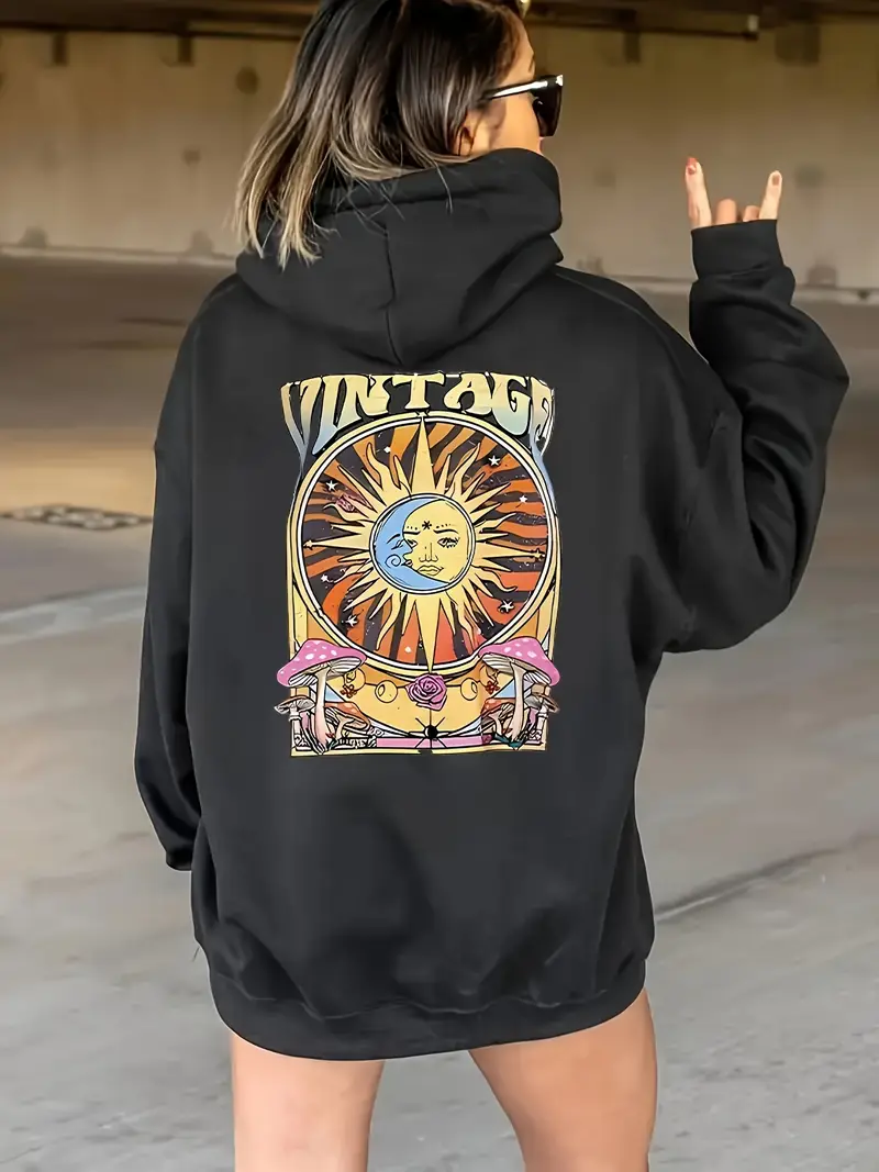 Sweat à Capuche Mode Femme avec Motif Soleil, Lune & Étoiles - Pull en Tricot de Polyester Confortable avec Poche Kangourou, Lavable en Machine