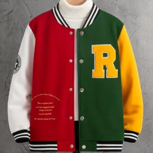 Veste de baseball universitaire à manches longues brodée de la lettre R, imprimé de lettres et blocs de couleurs, épaules tombantes, sans capuche pour garçons