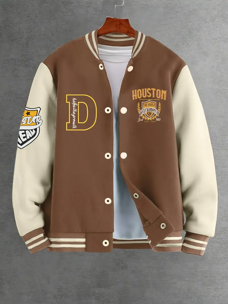 Veste de Baseball Varsity Décontractée pour Garçons - Polyester Confortable, Boutonnage Avant pour Sports Extérieurs Automne/Hiver