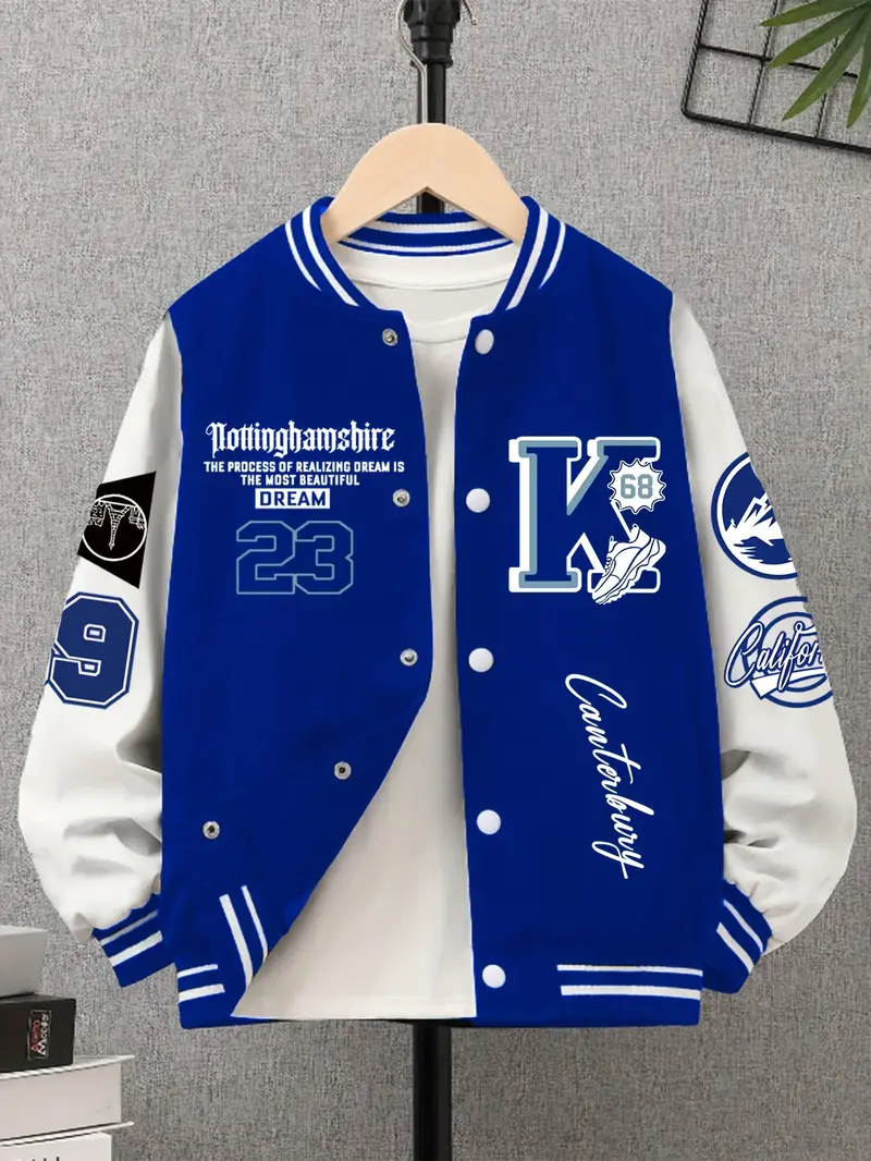 Veste de Varsity Longue Manches, Motif Lettre, Bloc de Couleur, Fleece, Épaule Tombante, Sans Capuche pour Garçons
