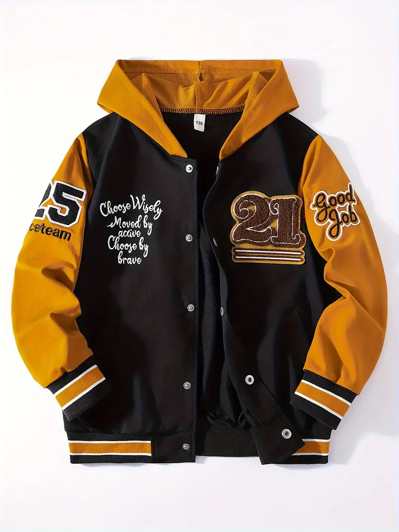 Veste universitaire décontractée ample pour garçons, motif brodé, coupe confortable à boutons pour l'automne